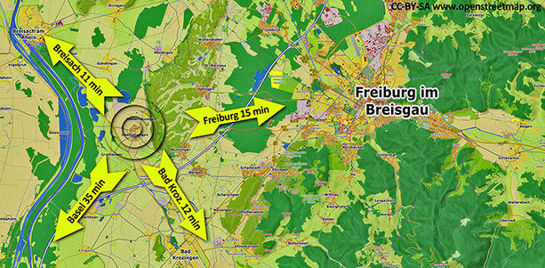 Sehr gute Lage der Eigentumswohnung im Raum Breisach Bad Krozingen und Freiburg Innerhalb von 15 Minuten ist man von der Eigentumswohnung schnell in Breisach, Bad Krozingen und Freiburg