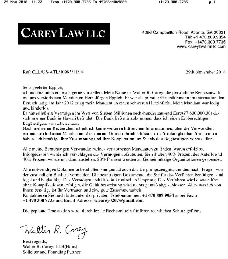 Bild mit dem Titel: Fax von Carey Law LLC Atlanta 1. Auf der Seite von Carey Law LLC Atlanta - Betrug auf höchstem Nieveau? Screenshot des Faxes vom 29.11.2018